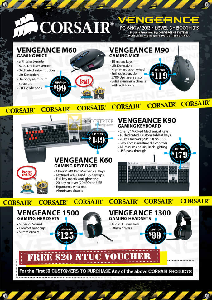 PC SHOW 2012 price list image brochure of Newstead Convergent Corsair Vengenance Mouse M60, M90, K60 Keyboard, K90, 1500 Headset, 1300