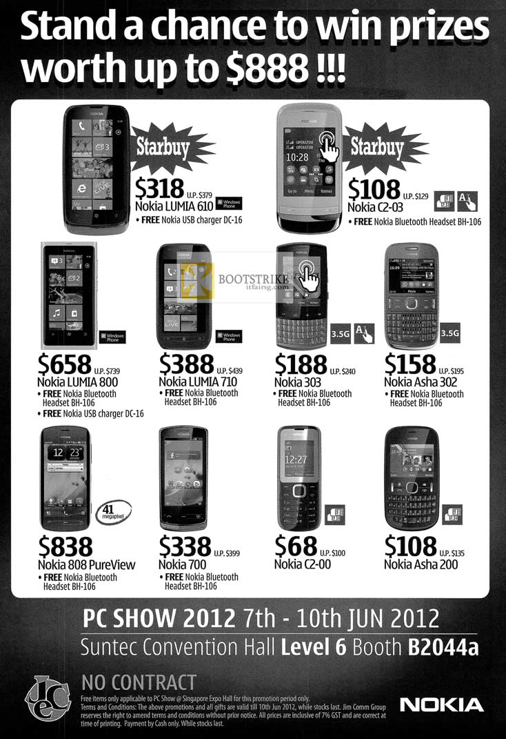 PC SHOW 2012 price list image brochure of Nokia Phones Lumia 610, 800, 710, C2-03, 303, Asha 302, 808 PureView, 700, C2-00, Asha 200