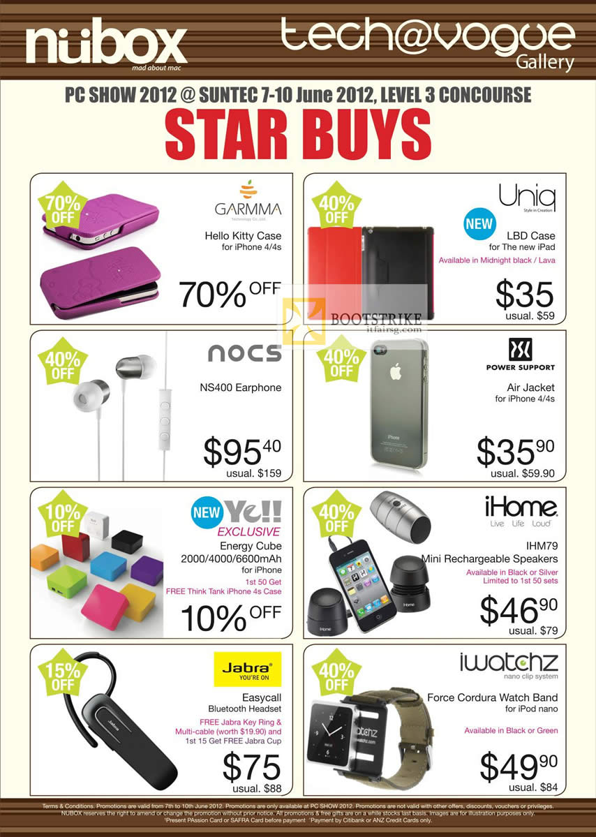 PC SHOW 2012 price list image brochure of Nubox Accessories Uniq LBD Case, Nocs NS400 Earphone, Power Support Air Jacket, IHome IHM79 Speakers, Jabra Easycall, Iwatchz Force Cordura Watch Band