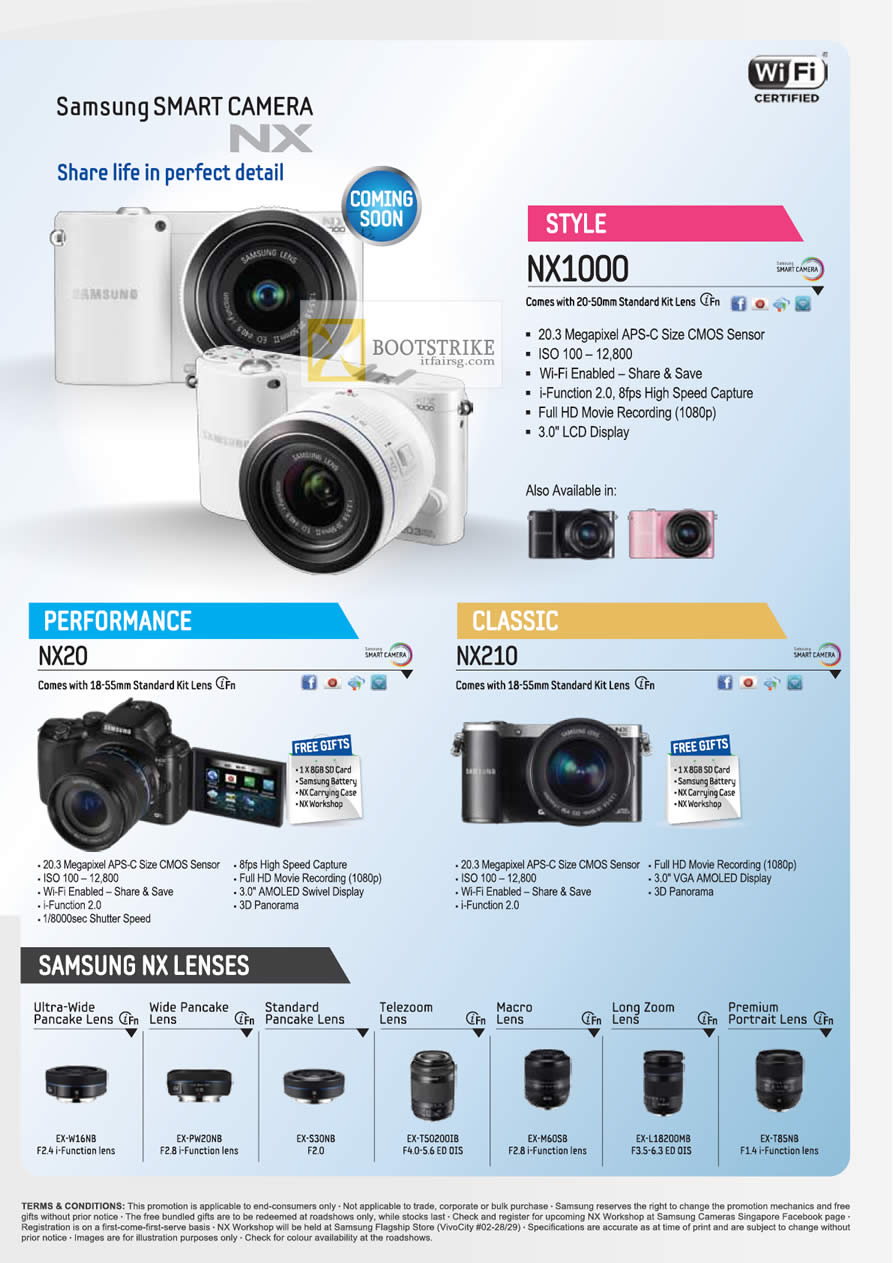 PC SHOW 2012 price list image brochure of Samsung Digital Cameras NX1000, NX20, NX210, Lenses