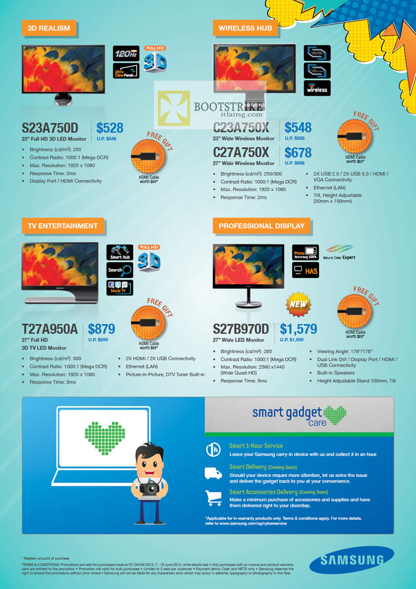 PC SHOW 2012 price list image brochure of Samsung Monitors LED S23A750D, C23A750X, C27A750X, TV T27A950A, S27B970D