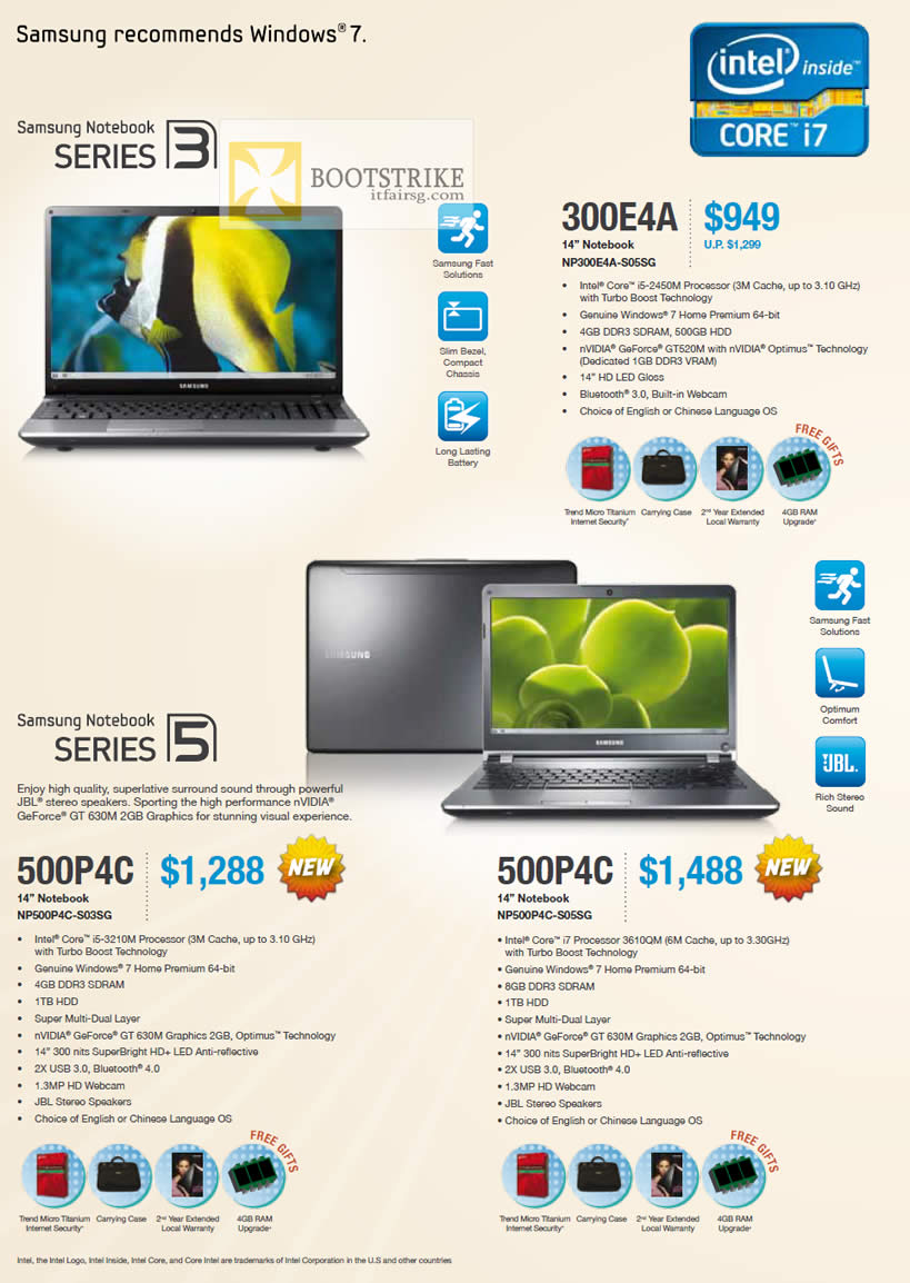 PC SHOW 2012 price list image brochure of Samsung Notebooks Series 3 NP300E4A-S05SG, Series 5 NP500P4C-S03SG S05SG