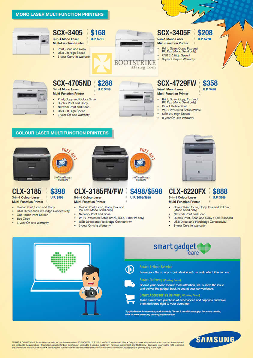 PC SHOW 2012 price list image brochure of Samsung Printers Laser SCX-3405, SCX-3405F, SCX-4705ND, SCX-4729FW, Colour CLX-3185, CLX-3185FN FW, CLX-6220FX