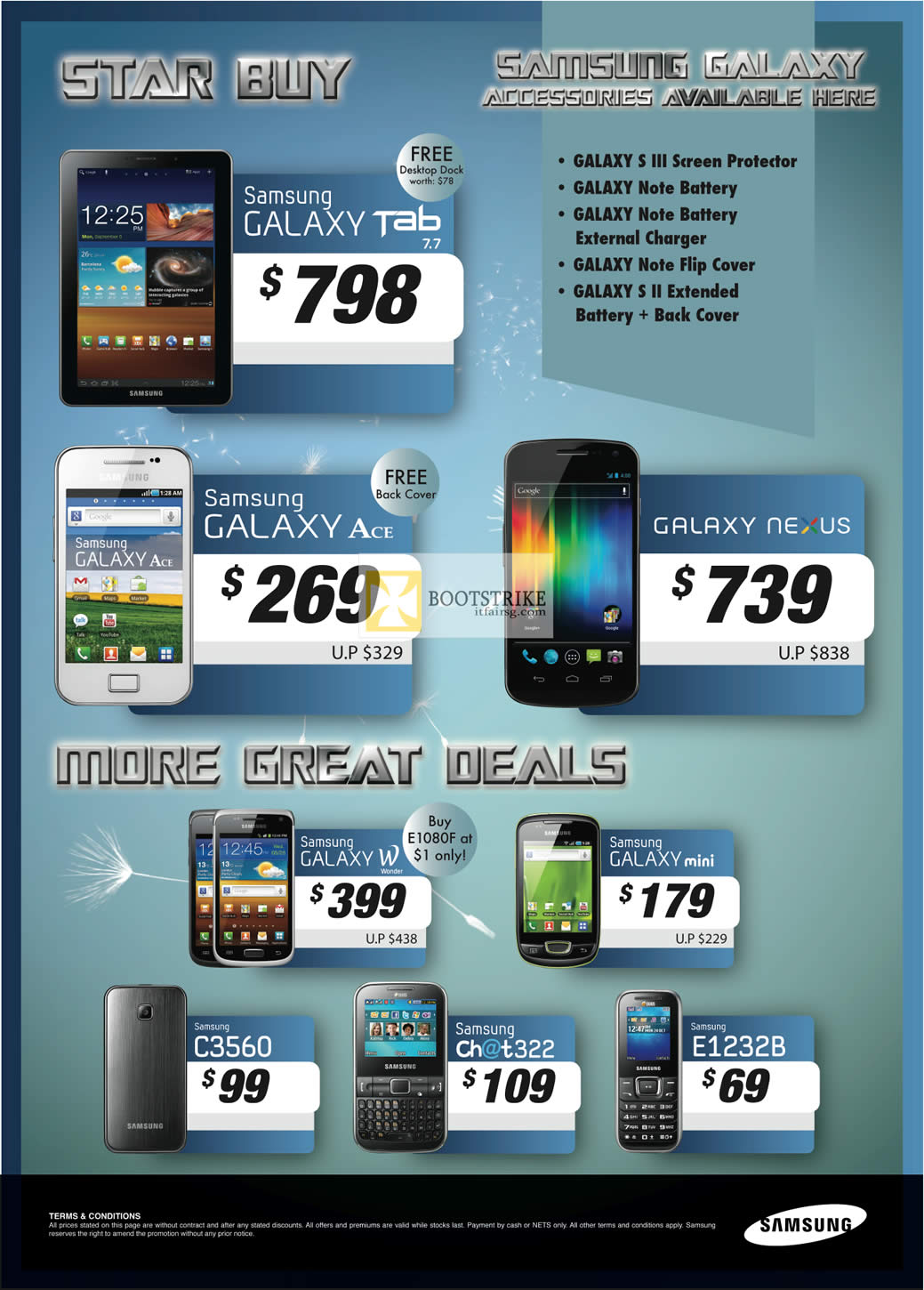 PC SHOW 2012 price list image brochure of Samsung Smartphones Galaxy Tab 7.7, Galaxy Ace, Galaxy Nexus, W, Mini, C3560, Chat 322, E1232B