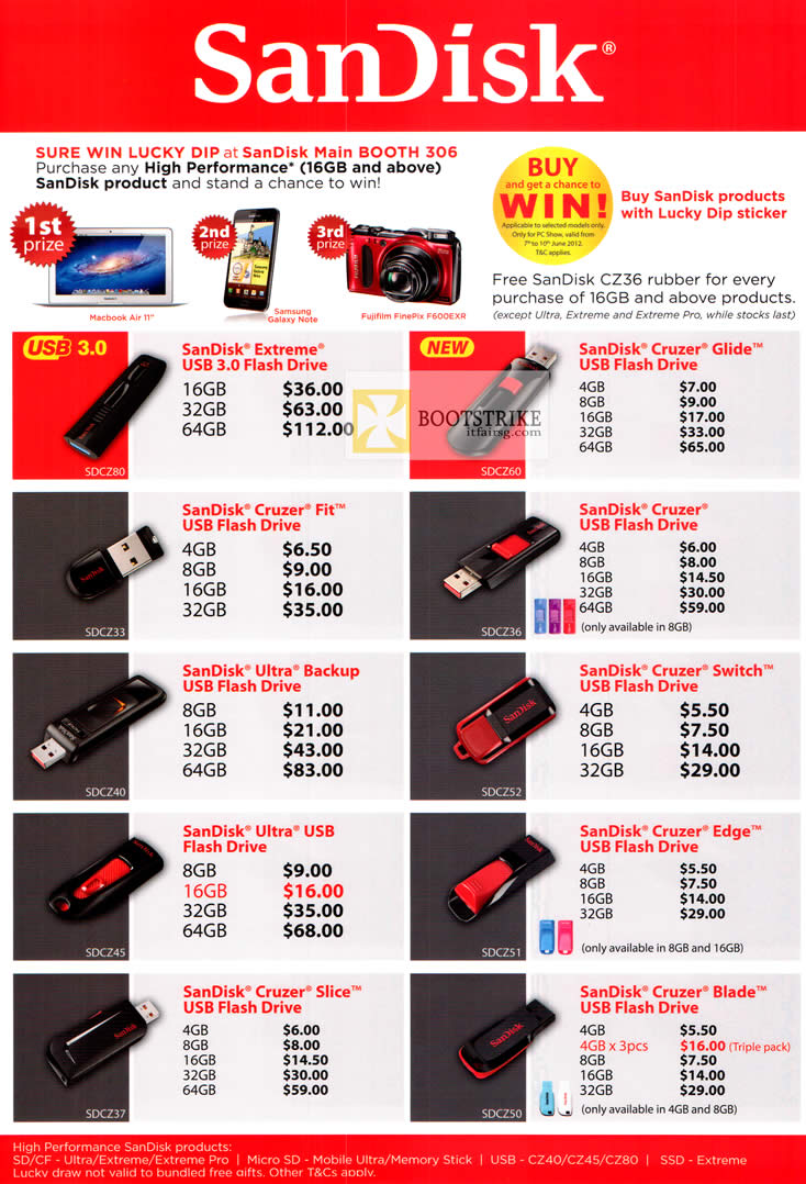 PC SHOW 2012 price list image brochure of Sandisk Extreme USB Flash Drive, Lucky Dip, Cruzer Fit, Ultra Backup, Glide, Switch, Slice, Edge, Blade