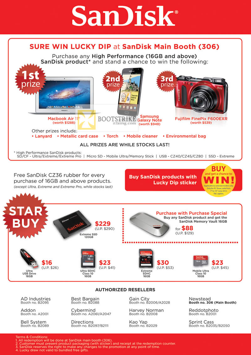 PC SHOW 2012 price list image brochure of Sandisk Sure Win Lucky Dip, Ultra USB Flash Drive, Extreme SSD, Ultra SHDC Memory Card, Extreme SDHC, Mobile Ultra Class 10