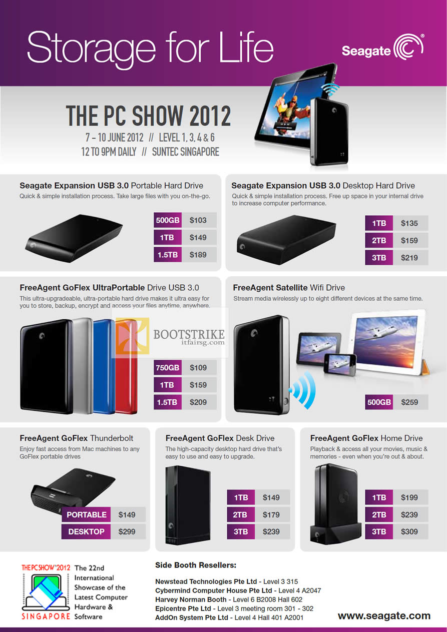 PC SHOW 2012 price list image brochure of Seagate External Storage Expansion USB 3.0, FreeAgent GoFlex UltraPortable, FreeAgent Satellite Wifi Drive, Desk Drive, Home Drive