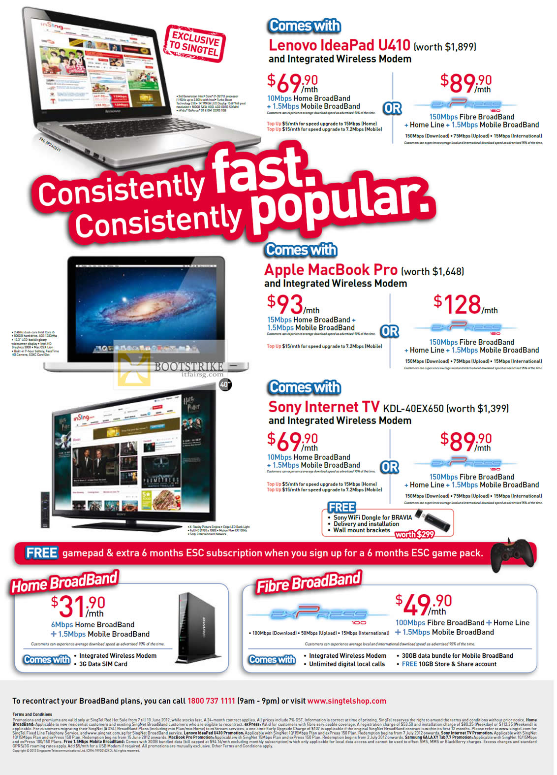 PC SHOW 2012 price list image brochure of Singtel Broadband ADSL Free Lenovo IdeaPad U410, Apple Macbook Pro, Sony TV KDL-40EX650, Fibre