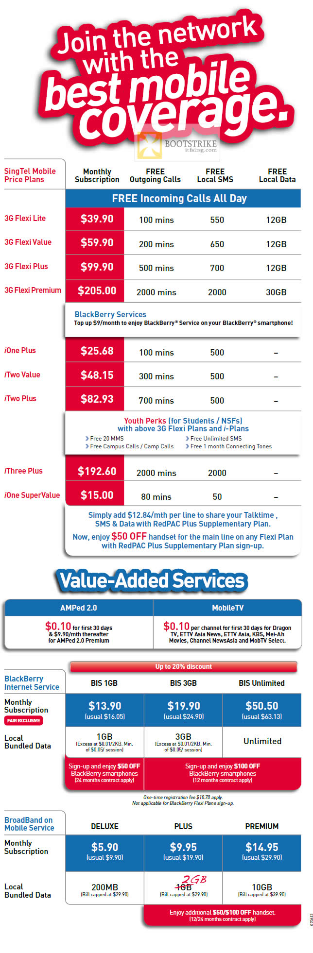 PC SHOW 2012 price list image brochure of Singtel Mobile Plans 3G Flexi Lite, Value, Plus, Premium, IThree Plus, IOne SuperValue, Blackberry, Broadband On Mobile