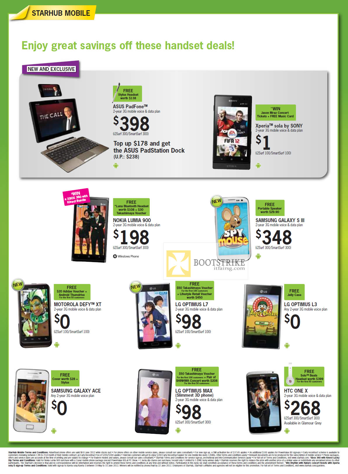 PC SHOW 2012 price list image brochure of Starhub Mobile ASUS PadFone, Sony Xperia Sola, Nokia Lumia 900, Samsung Galaxy S III, Ace, Motorola Defy XT, LG Optimus L7, L3, Max, HTC One X