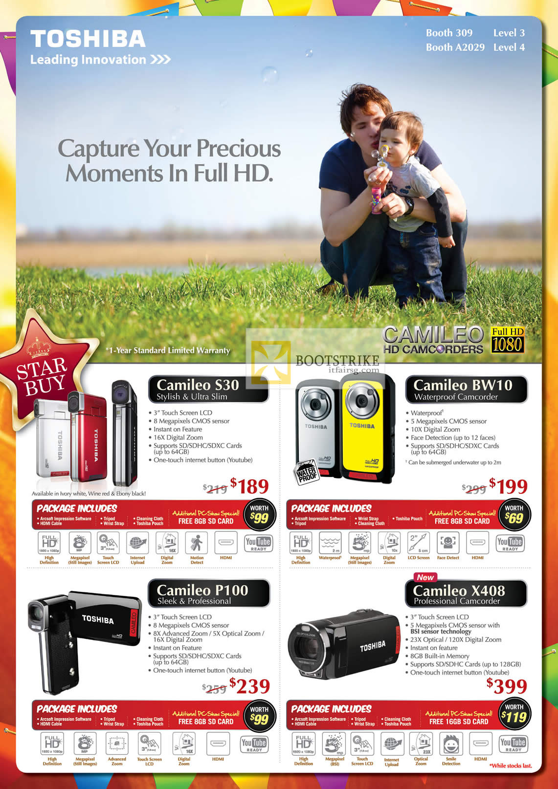 PC SHOW 2012 price list image brochure of Toshiba Camcorders Camileo S30, BW10, P100, X408