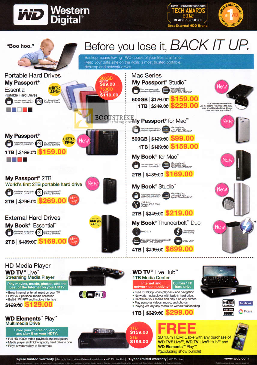 PC SHOW 2012 price list image brochure of Western Digital External Storage My Passport, Studio, Mac, WD TV Live, Elements Play, TV Live Hub, Thunderbolt Duo, Essential