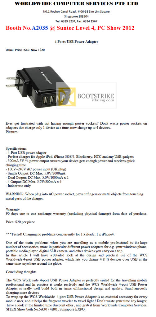 PC SHOW 2012 price list image brochure of Worldwide Computer 4 Ports USB Power Adapter