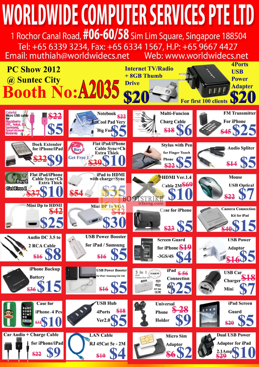 PC SHOW 2012 price list image brochure of Worldwide Computer Accessories USB Cable, FM Transmitter, Mouse, HDMI, Screen Protector, Case, DisplayPort, Power Booster Battery Charger