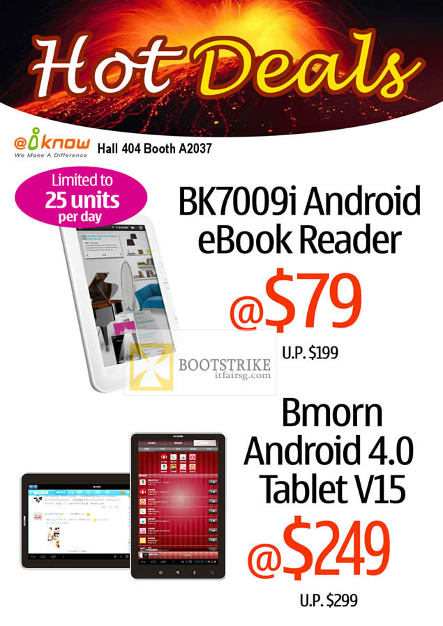 PC SHOW 2012 price list image brochure of Iknow BK7009i Android EBook Reader, Bmorn Android 4 Tablet V15