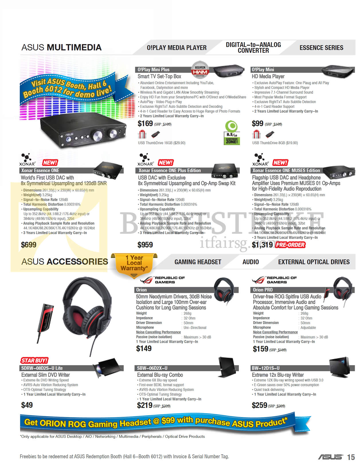 PC SHOW 2013 price list image brochure of ASUS Media Players, Headphones, Xonar Essence ONE, Xonar Essence One Plus Edition, Xonar Essence ONE Muses Edition, OPlay Mini, OPlay Mini Plus, Headsets Orion, Orion PRO