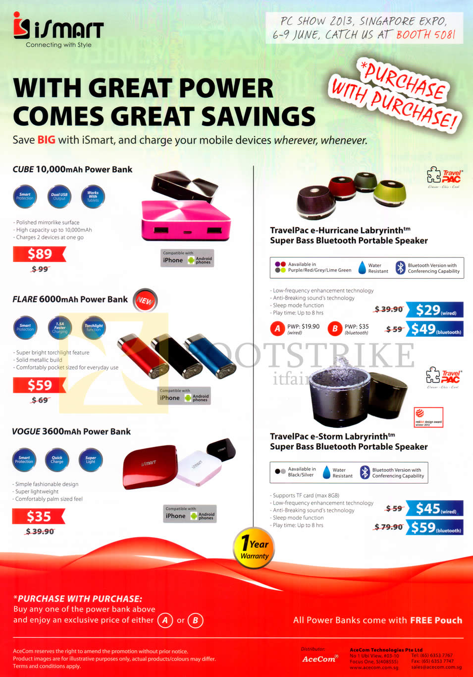 PC SHOW 2013 price list image brochure of AceCom ISmart Portable Chargers Cube, Flare, Vogue, Speakers TravelPac