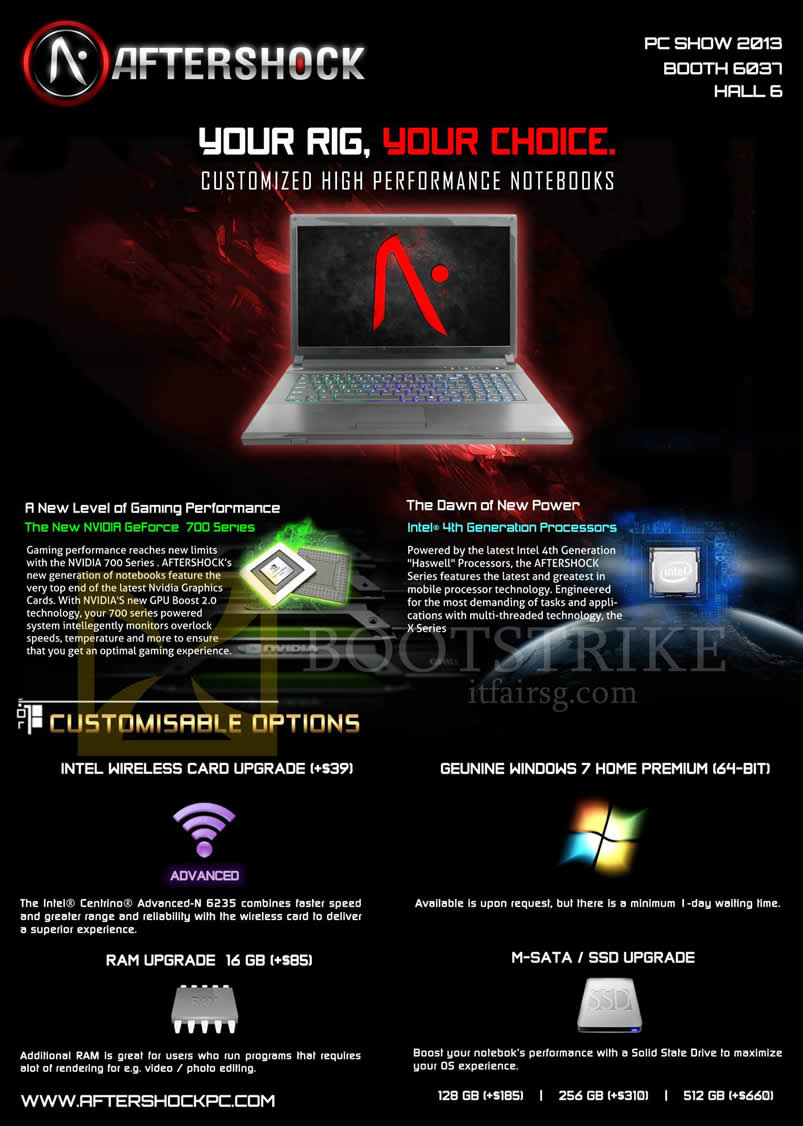 PC SHOW 2013 price list image brochure of Aftershock Notebooks Features, Customisable Options