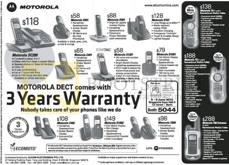 PC SHOW 2013 price list image brochure of Alcom Motorola Dect Phones SC200, C601, D501, C401, S1201, D1001, T6, T8, C402, D1002, C802