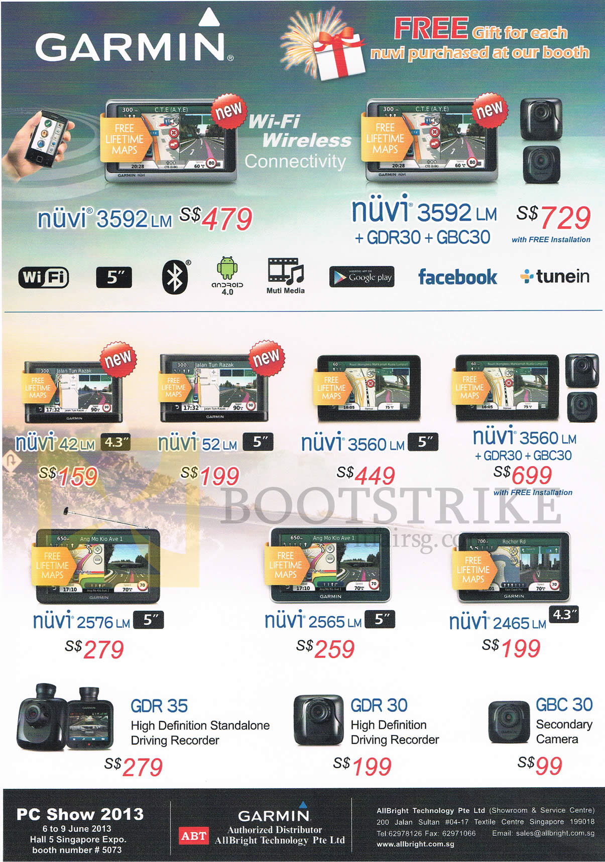 PC SHOW 2013 price list image brochure of Allbright Garmin GPS Navigators Nuvi 3592LM, 42LM, 52LM, 3560LM, 2576 LM, 2565LM, 2465LM, Driving Recorder GDR 35, GDR 30, GBC 30