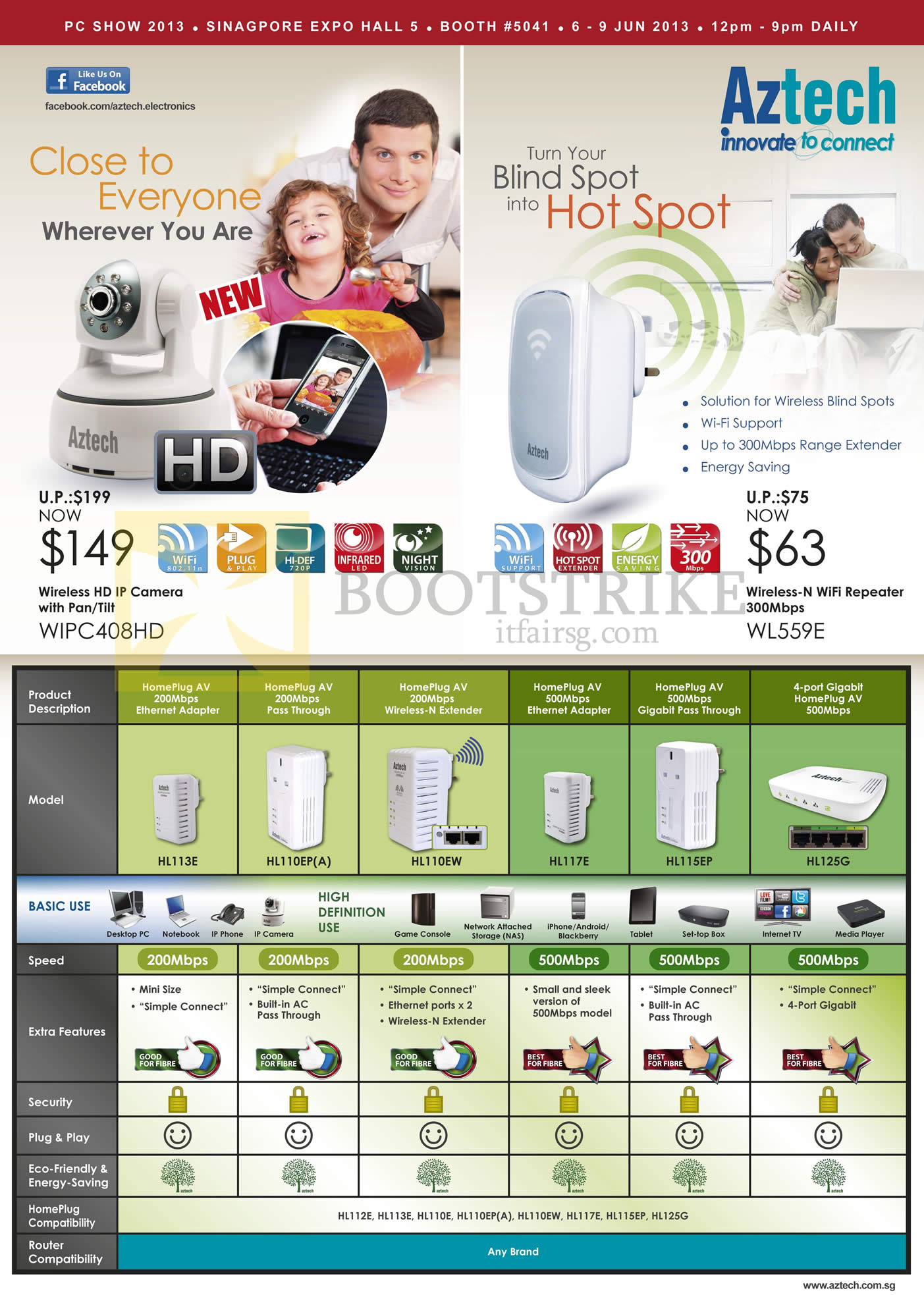 PC SHOW 2013 price list image brochure of Aztech Networking IPCam WIPC408HD, Extender WL559E, HomePlug AV Comparison Table