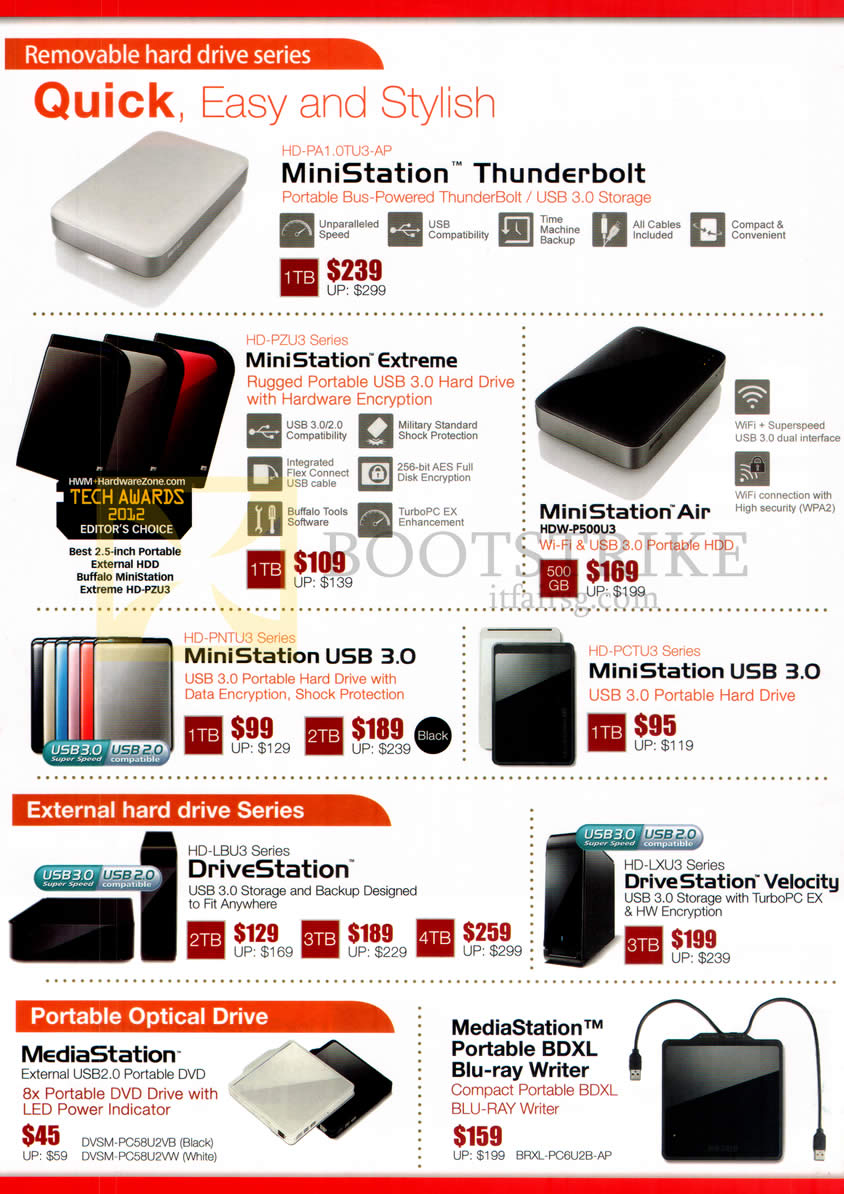 PC SHOW 2013 price list image brochure of Buffalo External Storage MiniStation Extreme, Thunderbolt, Air, USB 3.0, DriveStation, DriveStation Velocity, MediaStation, External BDXL Blu-Ray Optical Drive