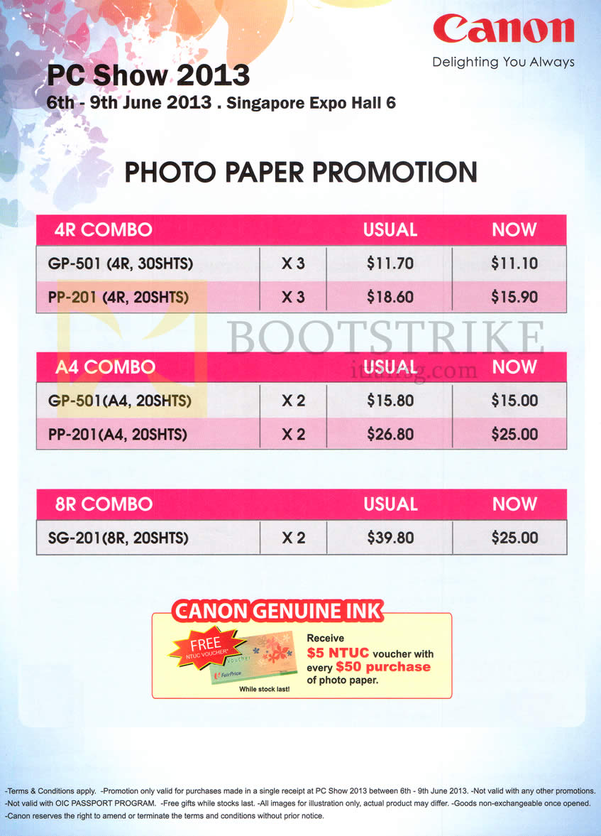 PC SHOW 2013 price list image brochure of Canon Printers Photo Paper 4R, A4, 8R