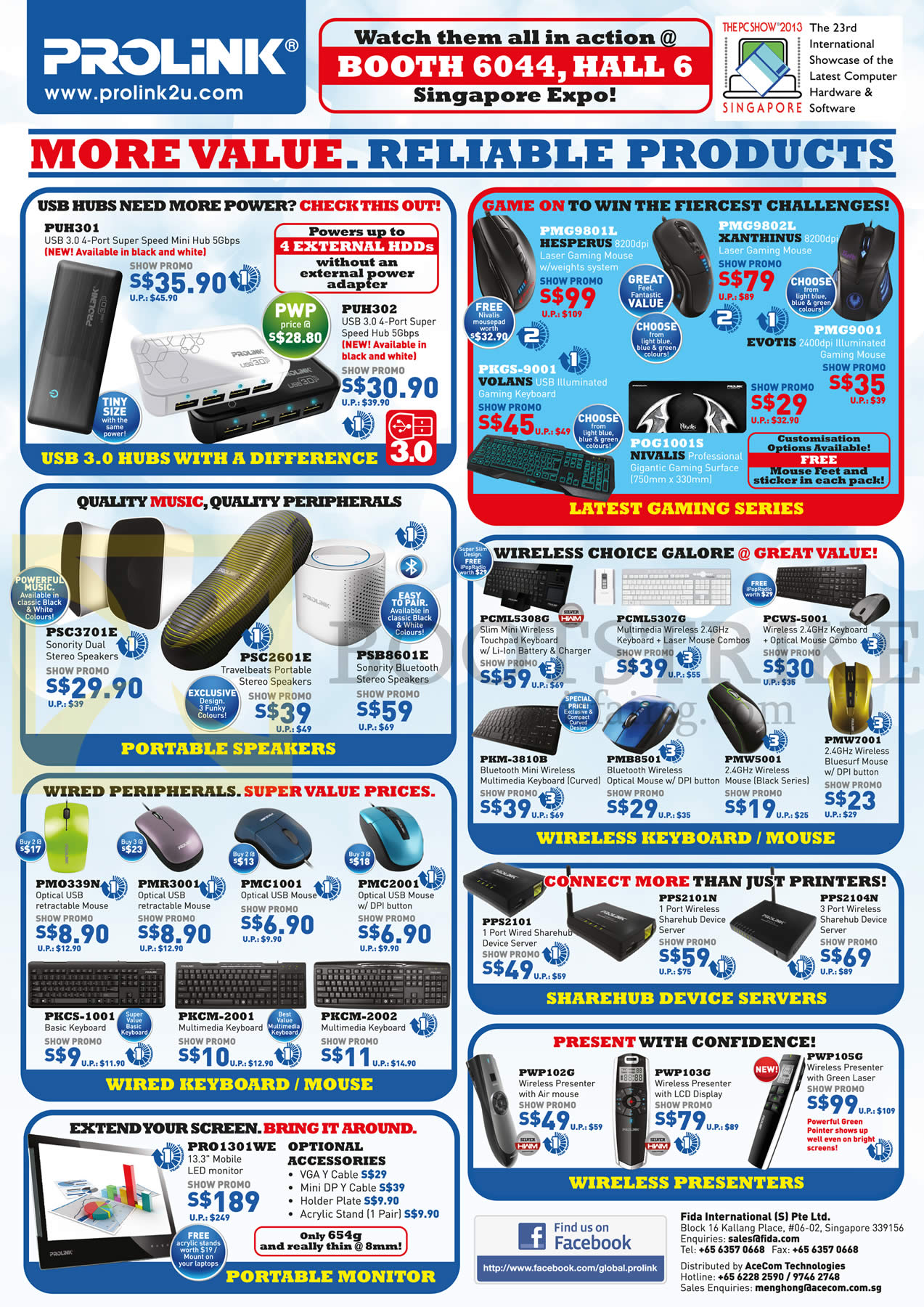 PC SHOW 2013 price list image brochure of Cybermind Prolink Networking Accessories USB Hub, Mouse, Keyboards, Speakers, Wireless, Device Server, Monitor, Presenter