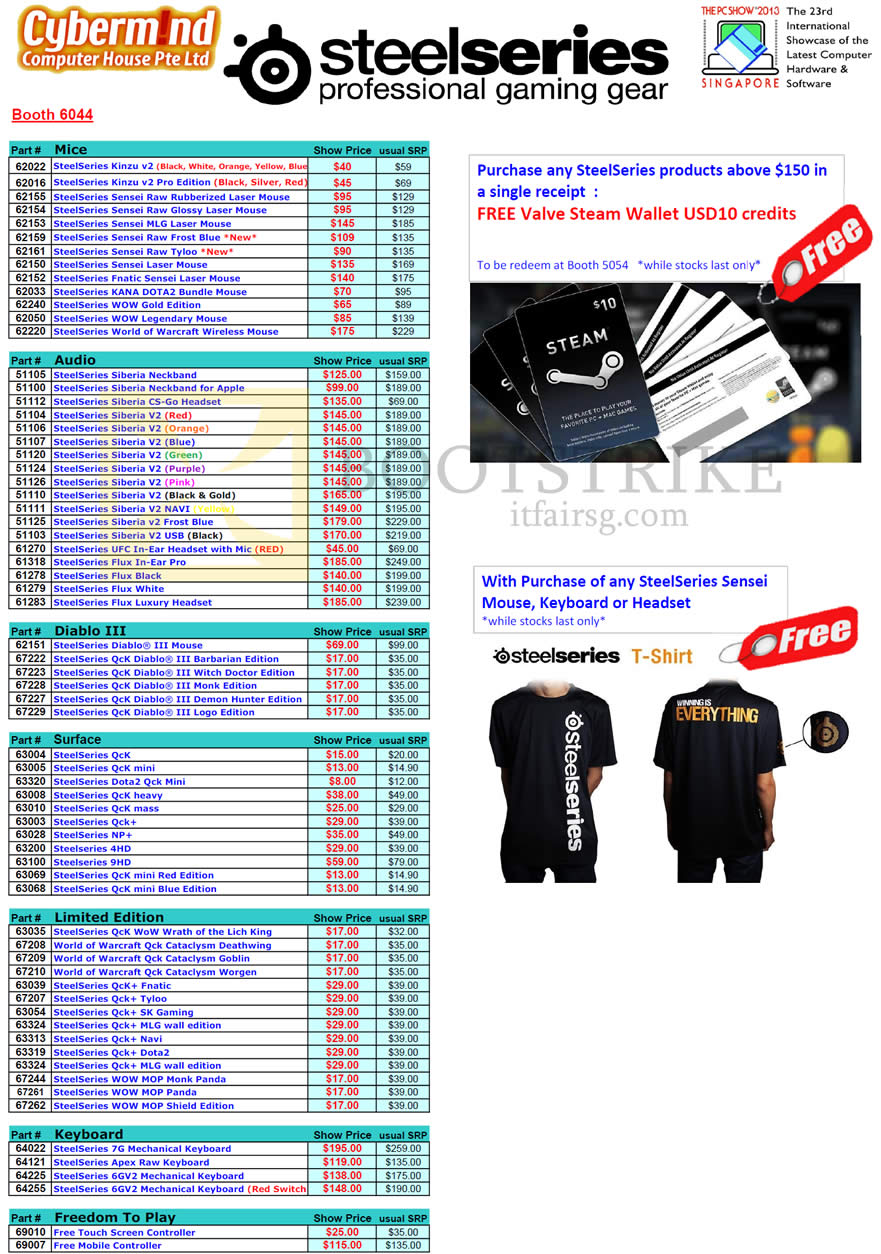 PC SHOW 2013 price list image brochure of Cybermind Steelseries Gaming Gear Mouse Kinzu Sensei Finatic Kana Wowld, Audio Siberia USB Headset, Diablo III, Surface, Keyboard