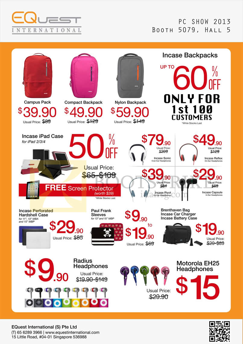 PC SHOW 2013 price list image brochure of EQuest Accessories Bags, Packs, Incase Case, Headphones Sonic Reflex Pivot Capsule, Paul Frank Sleeves, Motorola EH25