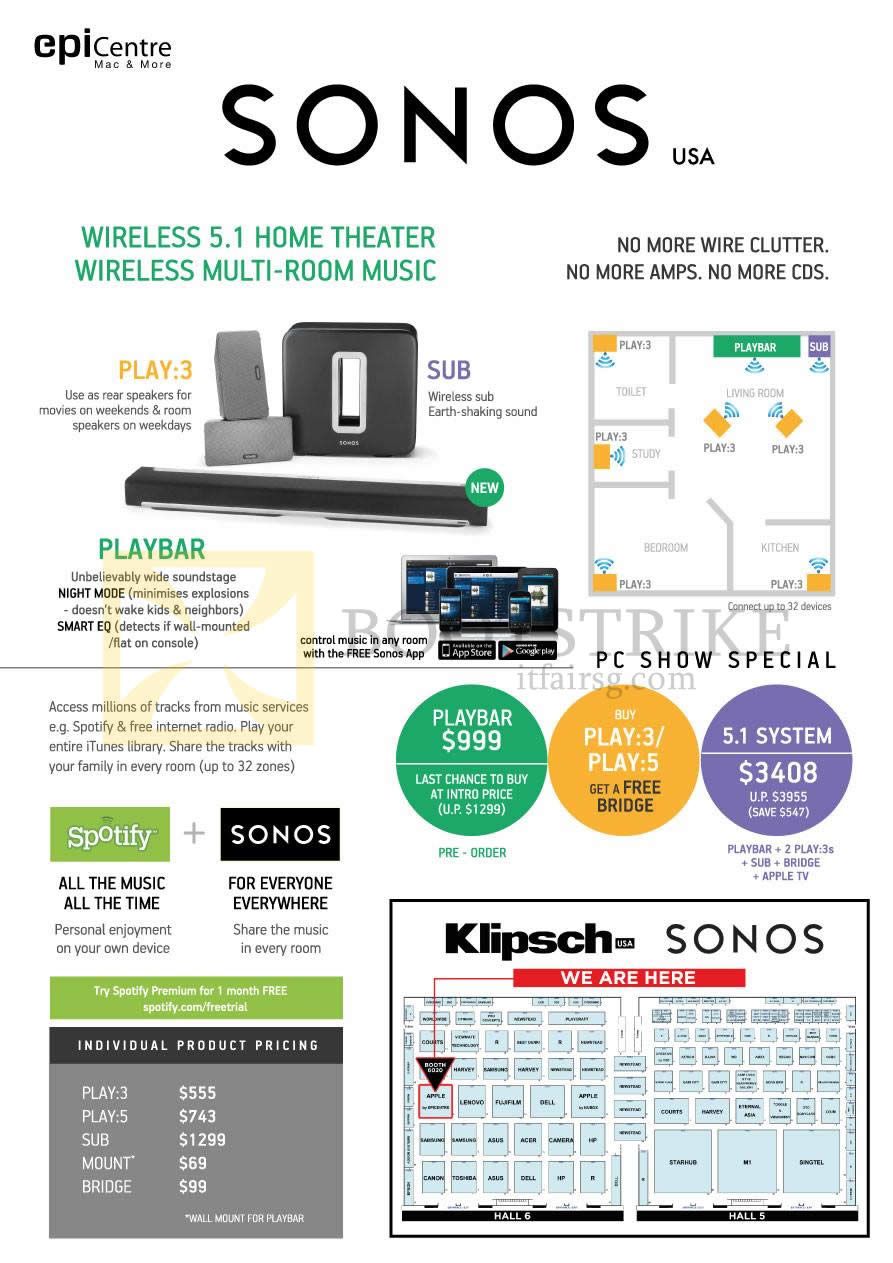 PC SHOW 2013 price list image brochure of Epicentre Sonos Wireless 5.1 Home Theatre Wireless Multi Room Music, Playbar, Play, 5.1 System