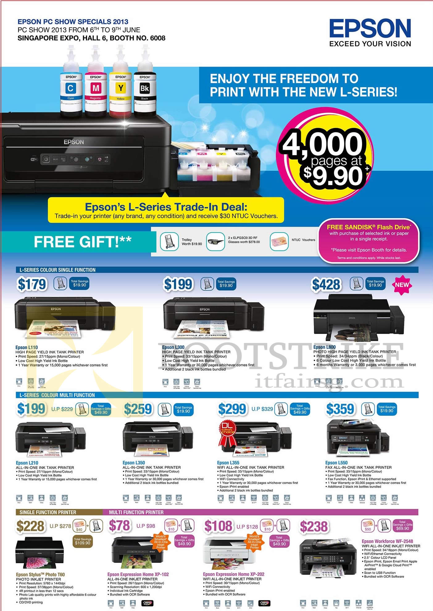 PC SHOW 2013 price list image brochure of Epson Printers Inkjet L110, L300, L800, L210, L350, L355, L550, T60, XP-102, XP-202, WF-2548