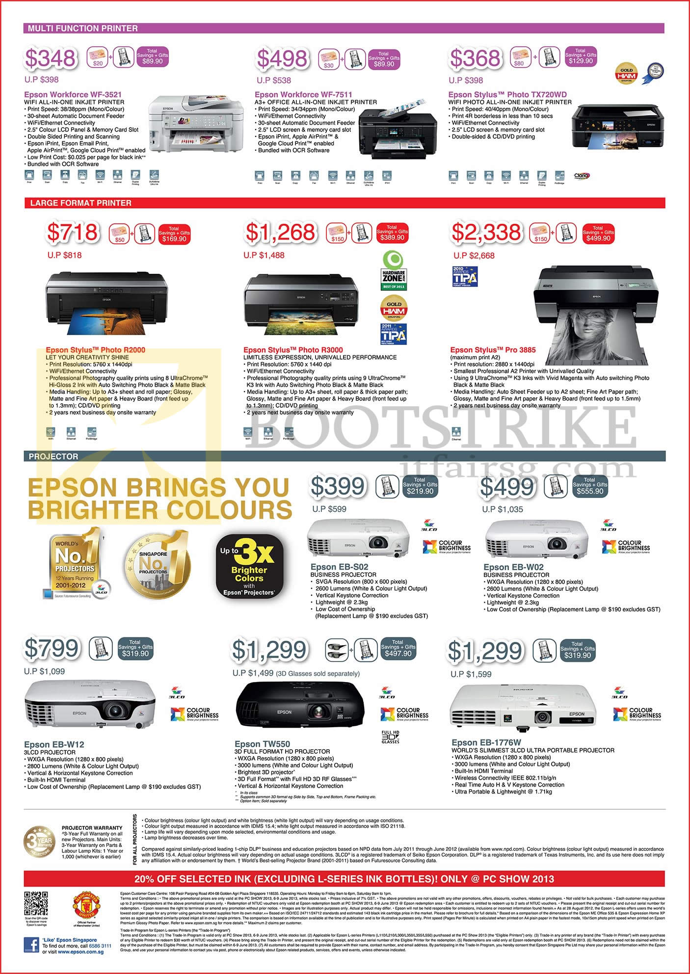 PC SHOW 2013 price list image brochure of Epson Printers Inkjet, Projectors Workforce WF-3521, WF-7511, Stylus Photo TX-720WD, R2000, R3000, Pro 3885, EB-S02, EB-W02, EB-W12, TW550, EB-1776W