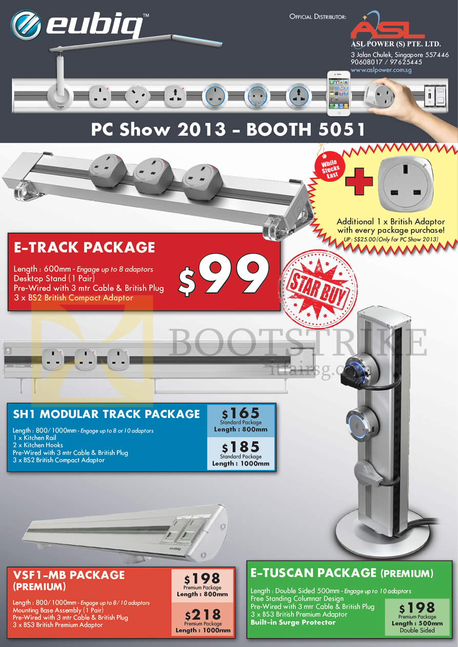 PC SHOW 2013 price list image brochure of Eubiq Power Outlet System Packages 99 Dollar E-Track, SH1 Modular Track Package, VSF1-MB Package Premium, E-TUSCAN Package Premium