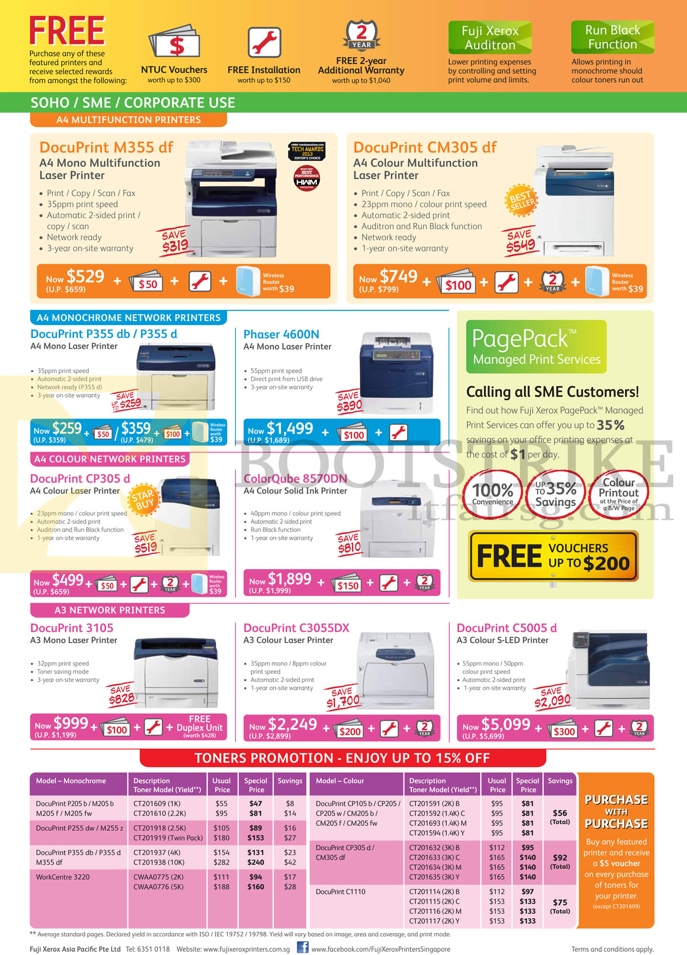 PC SHOW 2013 price list image brochure of Fuji Xerox Printers DocuPrint M355df, CM305df, P355db, P355d, 4600N, CP305d, 3105, C3055DX, C5005d, ColorQube 8570DN