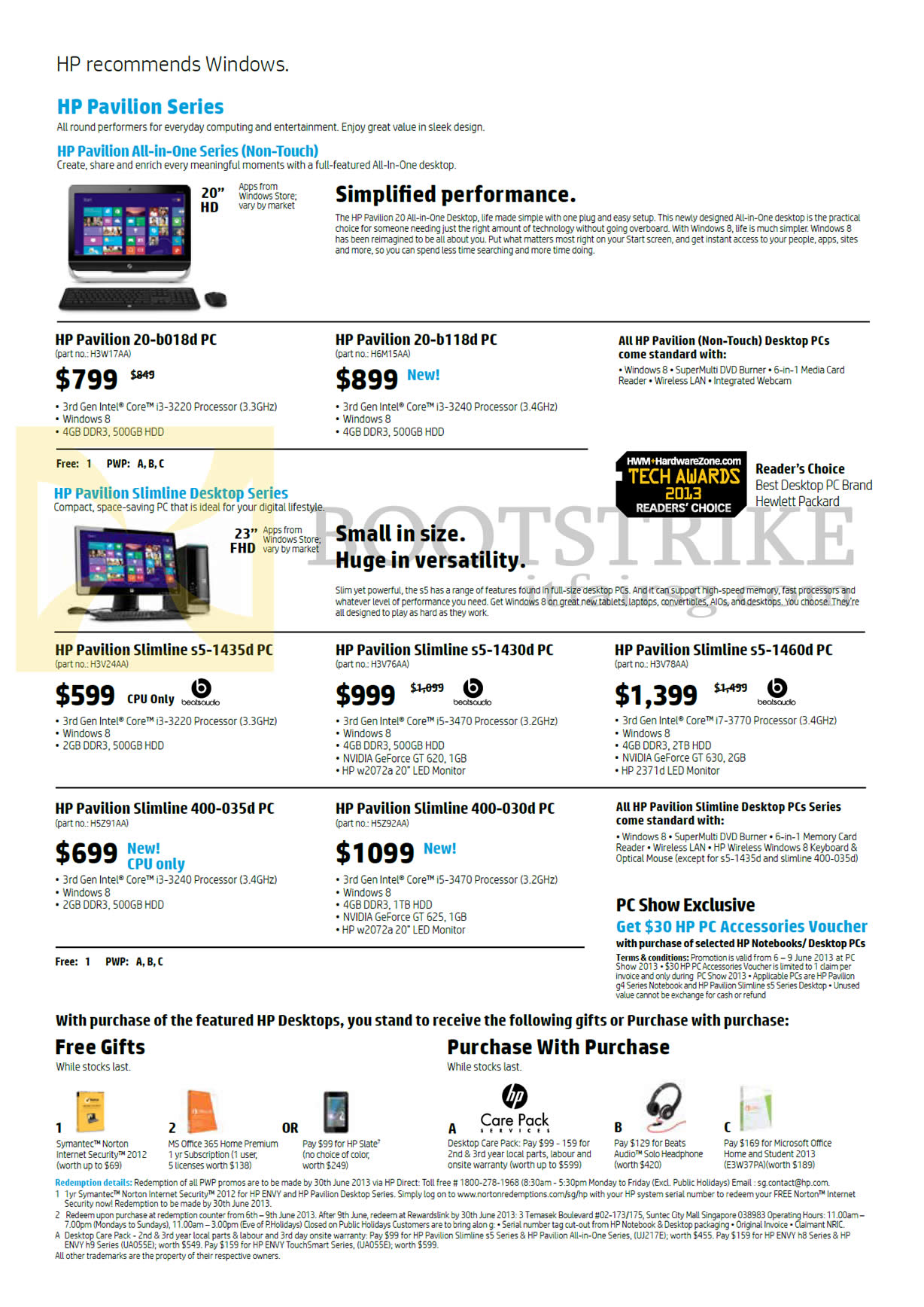 PC SHOW 2013 price list image brochure of HP Desktop PCs, AIO Desktop PCs, Pavilion 20-b018d, 20-b118d, Slimline S5-1435d, S5-1430d, S5-1460d, 400-035d, 400-030d