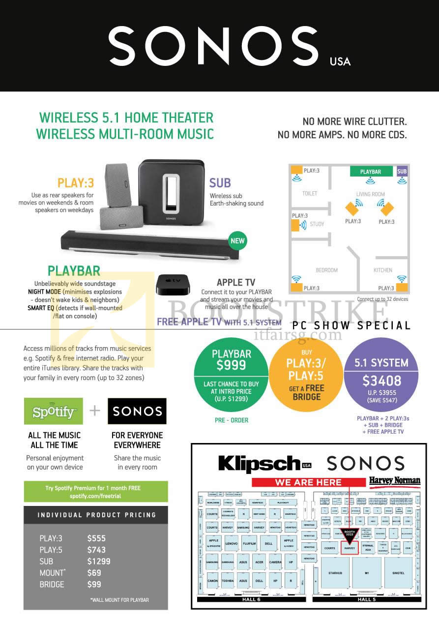 PC SHOW 2013 price list image brochure of Harvey Norman Sonos Wireless 5.1 Home Theatre Wireless Multi Room Music, Free Apple TV, Playbar, Play, 5.1 System