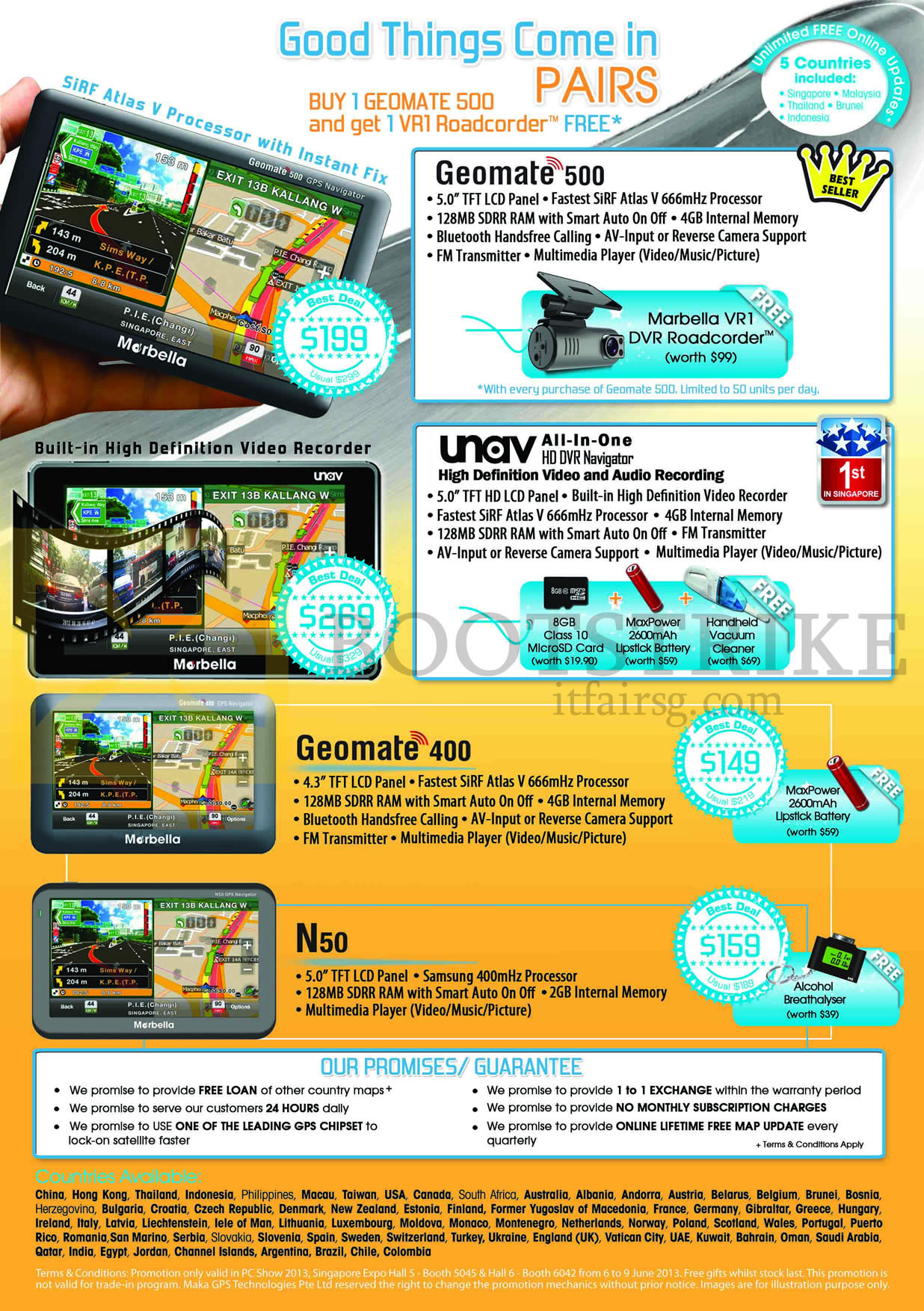 PC SHOW 2013 price list image brochure of Maka GPS Marbella Geomate 400, Geomate 500, N50, UNav Driving Video Recorder