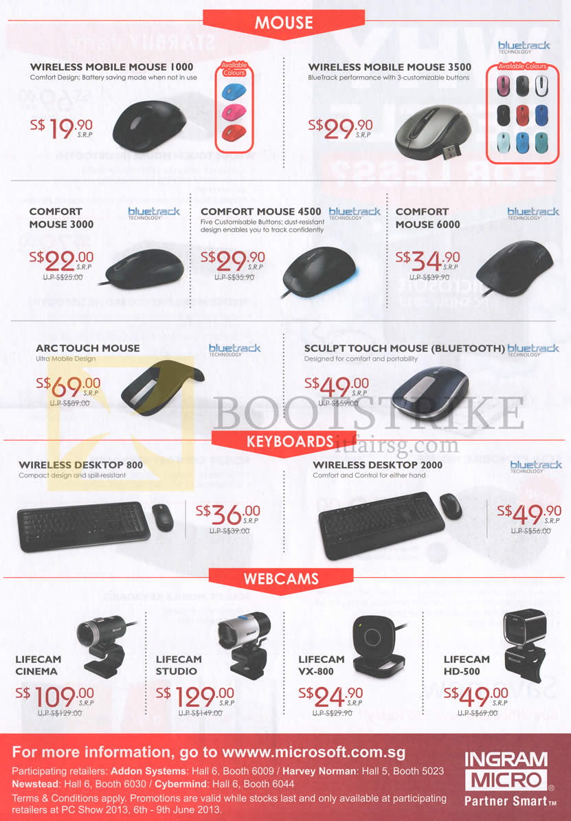 PC SHOW 2013 price list image brochure of Microsoft Mouse Wireless Mobile 1000 3500, Comfort 3000 4500 6000, Arc Touch, Sculpt, Desktop 800, 2000, Webcams Lifecam Cinema, Studio, VX-800, HD-500