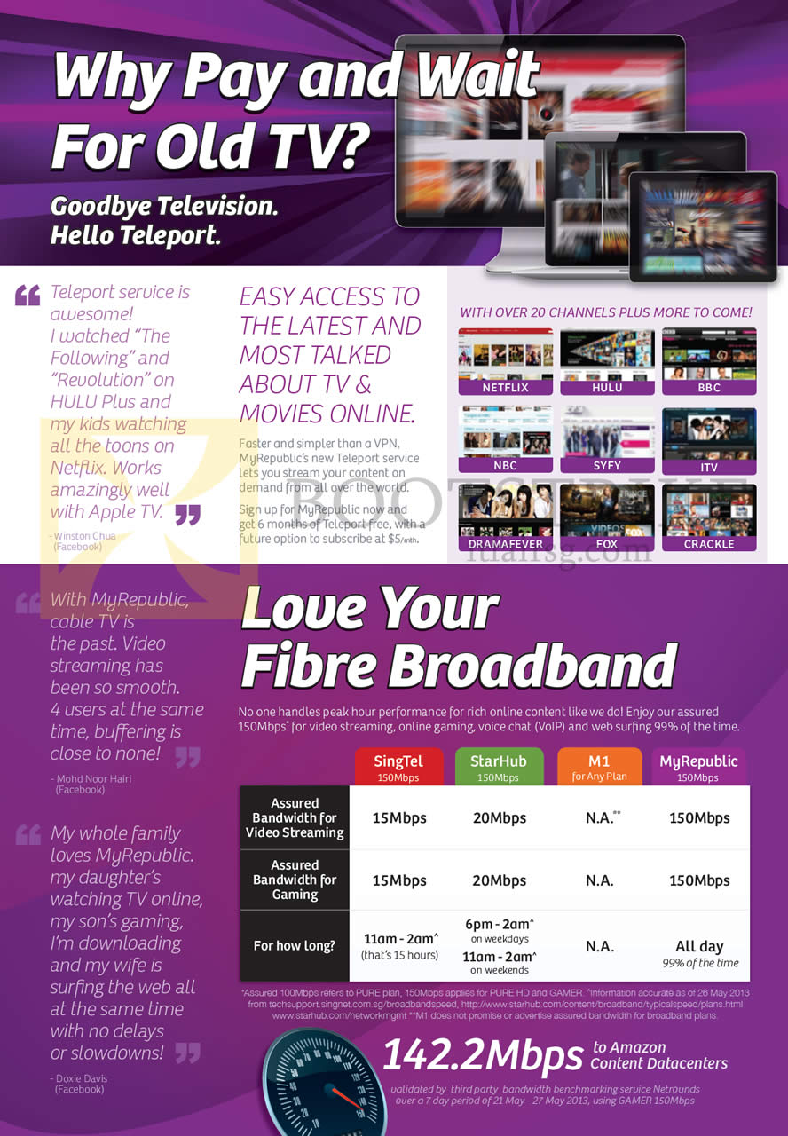 PC SHOW 2013 price list image brochure of MyRepublic Fibre Broadband Teleport Video Streaming, Comparison Table