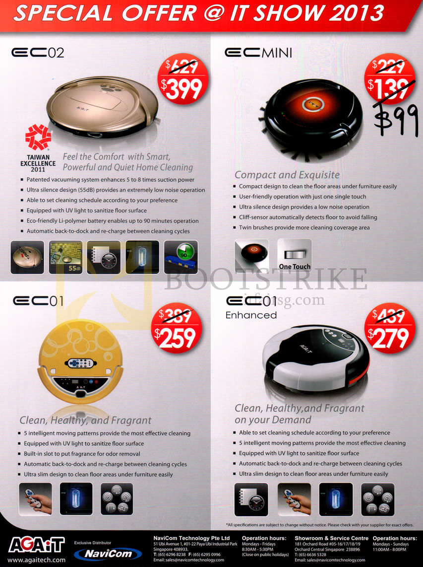 PC SHOW 2013 price list image brochure of Navicom Agait E-Clean Robotic Vacuum Cleaner EC02, EC01, Enhanced, Mini Features Price