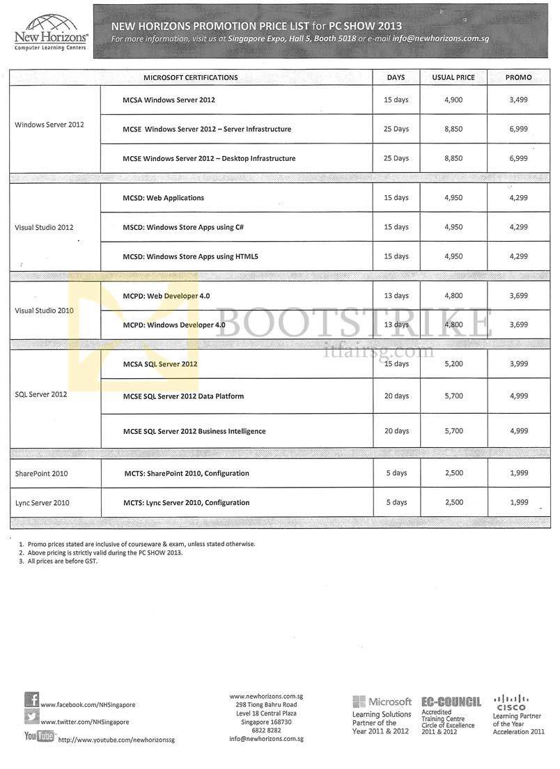 PC SHOW 2013 price list image brochure of New Horizons Training Certifications Microsoft Windows Server MCSA, Visual Studio MCSD, MCPD, SQL, MCTS