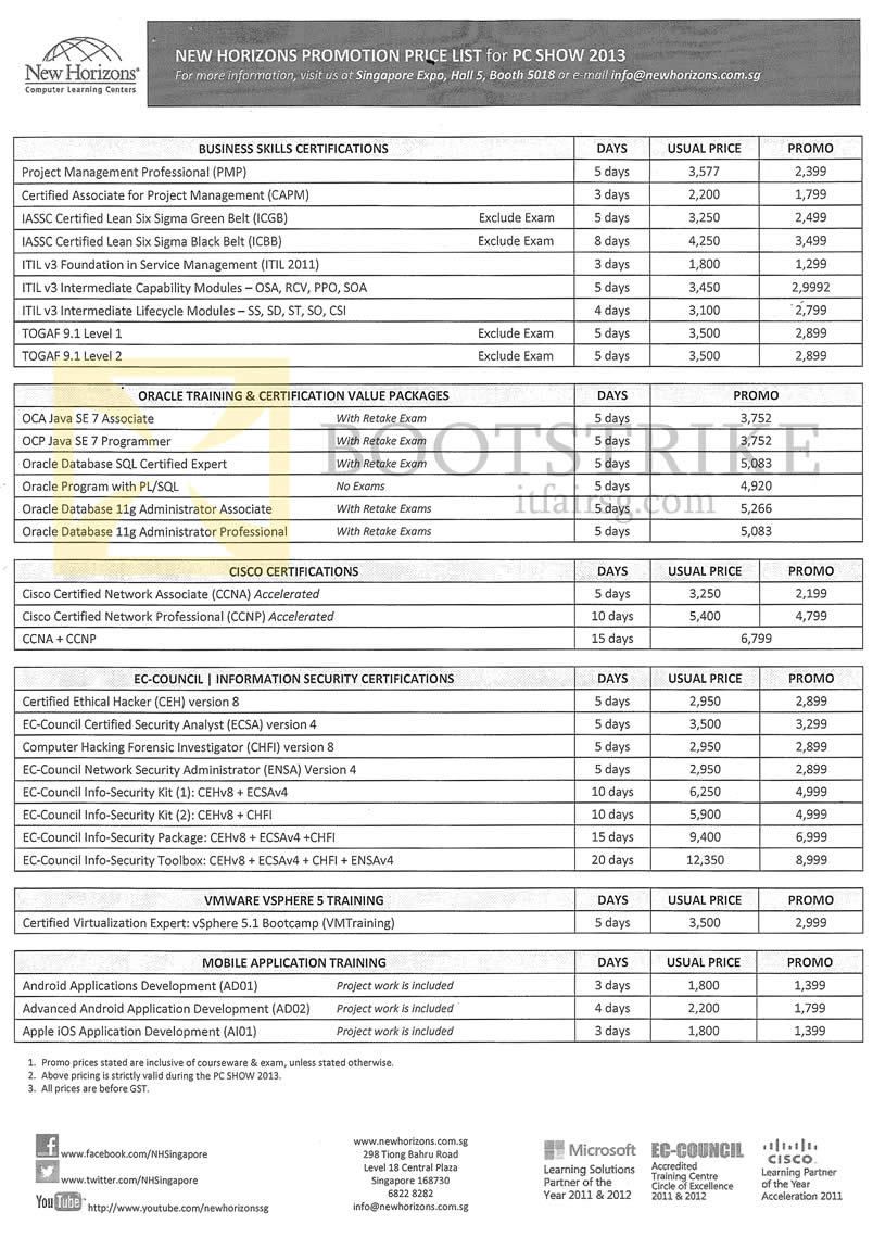 PC SHOW 2013 price list image brochure of New Horizons Training Certifications, PMP, CAPM, ITIL, TOGAF, Oracle, Java, Cisco, VMWare