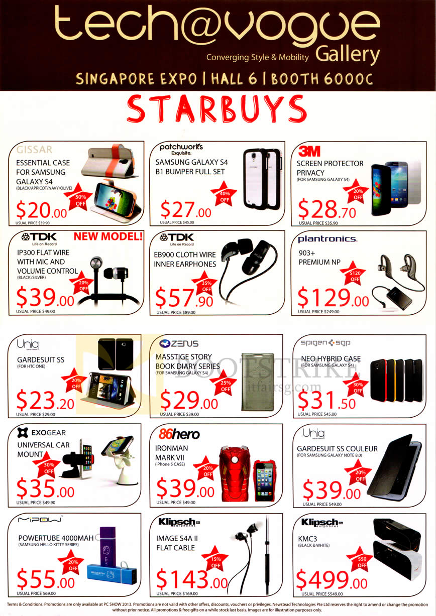 PC SHOW 2013 price list image brochure of Newstead Tech Vogue Accessories Earphones, Cases, TDK, Plantronics, Exogear, Klipsch, Uniq, 3M, Gissar, Zenus, Mipow