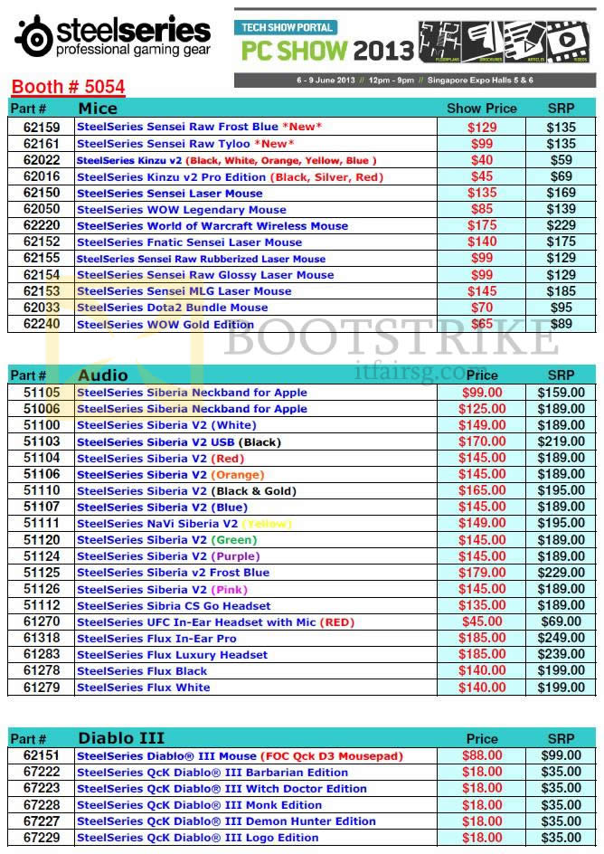 PC SHOW 2013 price list image brochure of Niceday Steelseries Mouse Sensi Kinzu Wow Fnatic Dota2, Audio Siberia Navi Flux, Qck Diablo III