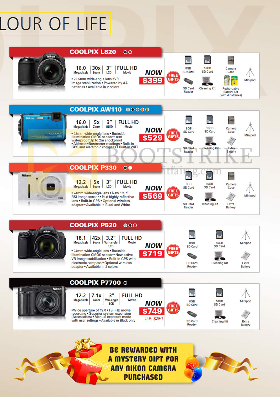 PC SHOW 2013 price list image brochure of Nikon Digital Cameras Coolpix L820, AW110, P330, P520, P7700