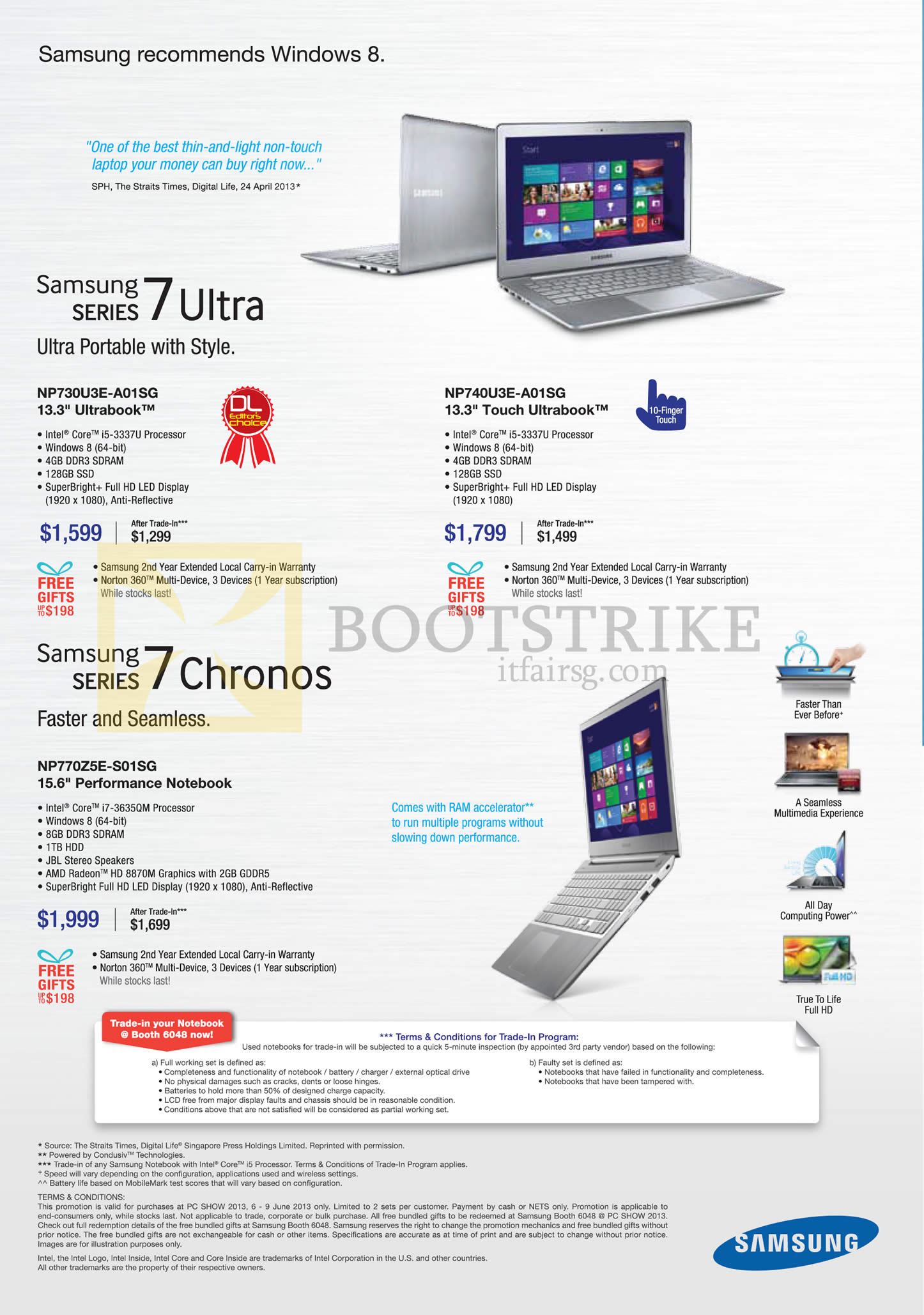 PC SHOW 2013 price list image brochure of Samsung Notebooks Series 7 Ultra NP730U3E-A01SG, NP740U3E-A01SG, Chronos NP770Z5E-S01SG