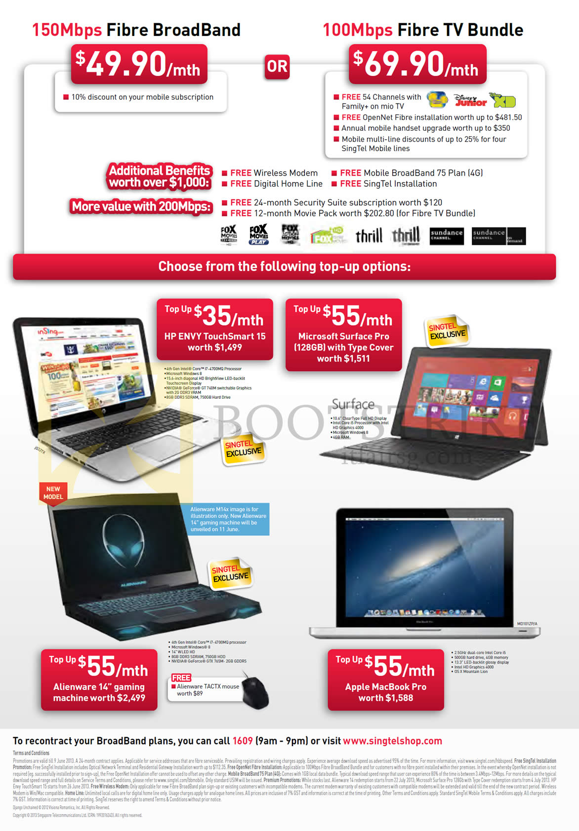 PC SHOW 2013 price list image brochure of Singtel Broadband Fibre 49.90 150Mbps, 69.90 100Mbps Fibre TV Bundle, HP Envy TouchSmart 15 Notebook, Microsoft Surface Pro, Dell Alienware M14x, Apple Macbook Pro