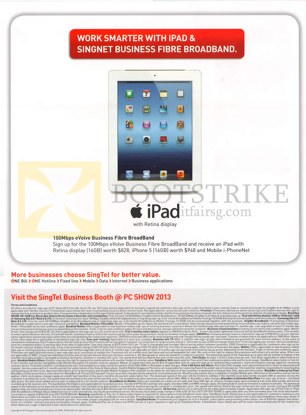 PC SHOW 2013 price list image brochure of Singtel Business Apple IPad 4, 100Mbps EVolve Fibre Broadband, Terms N Conditions