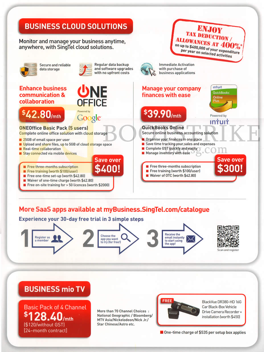 PC SHOW 2013 price list image brochure of Singtel Business Cloud Solutions OneOffice Basic Pack, QuickBooks Online, Mio TV